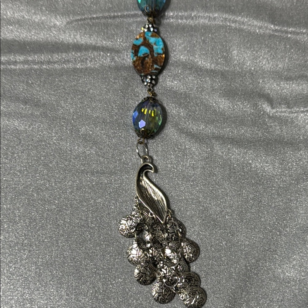 Elegant Silver and Blue Peacock Rear View Mirror Hanger - Picture 6 of 9